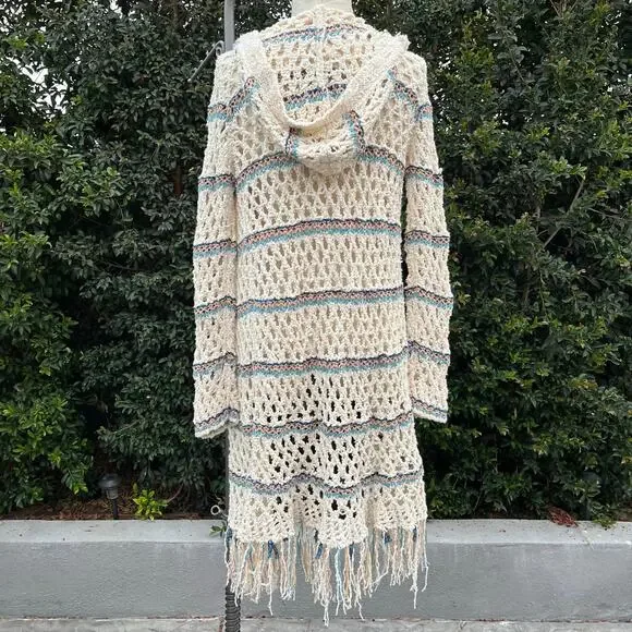 Free People Crochet Sunblock Cardigan Duster Sweater Bohemian Fringe Hippie - Picture 3 of 7